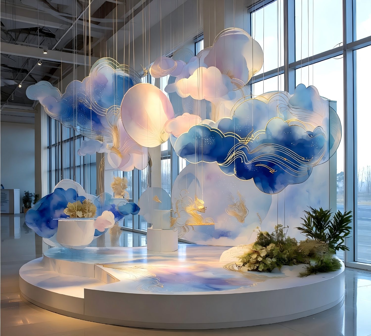 Colorful acrylic cloud art installation in a hotel lobby