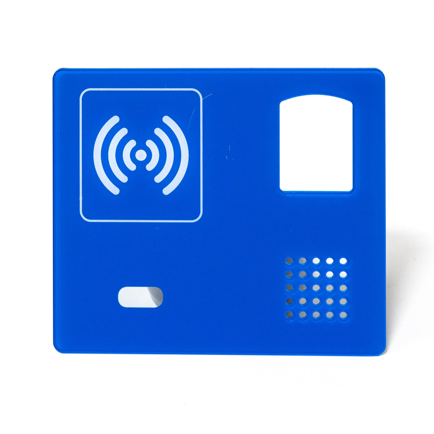 Blue acrylic control panel with machined cutouts and print