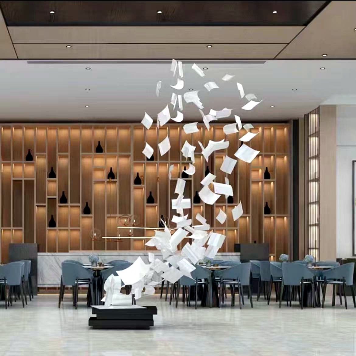 Suspended acrylic art feature in a restaurant interior