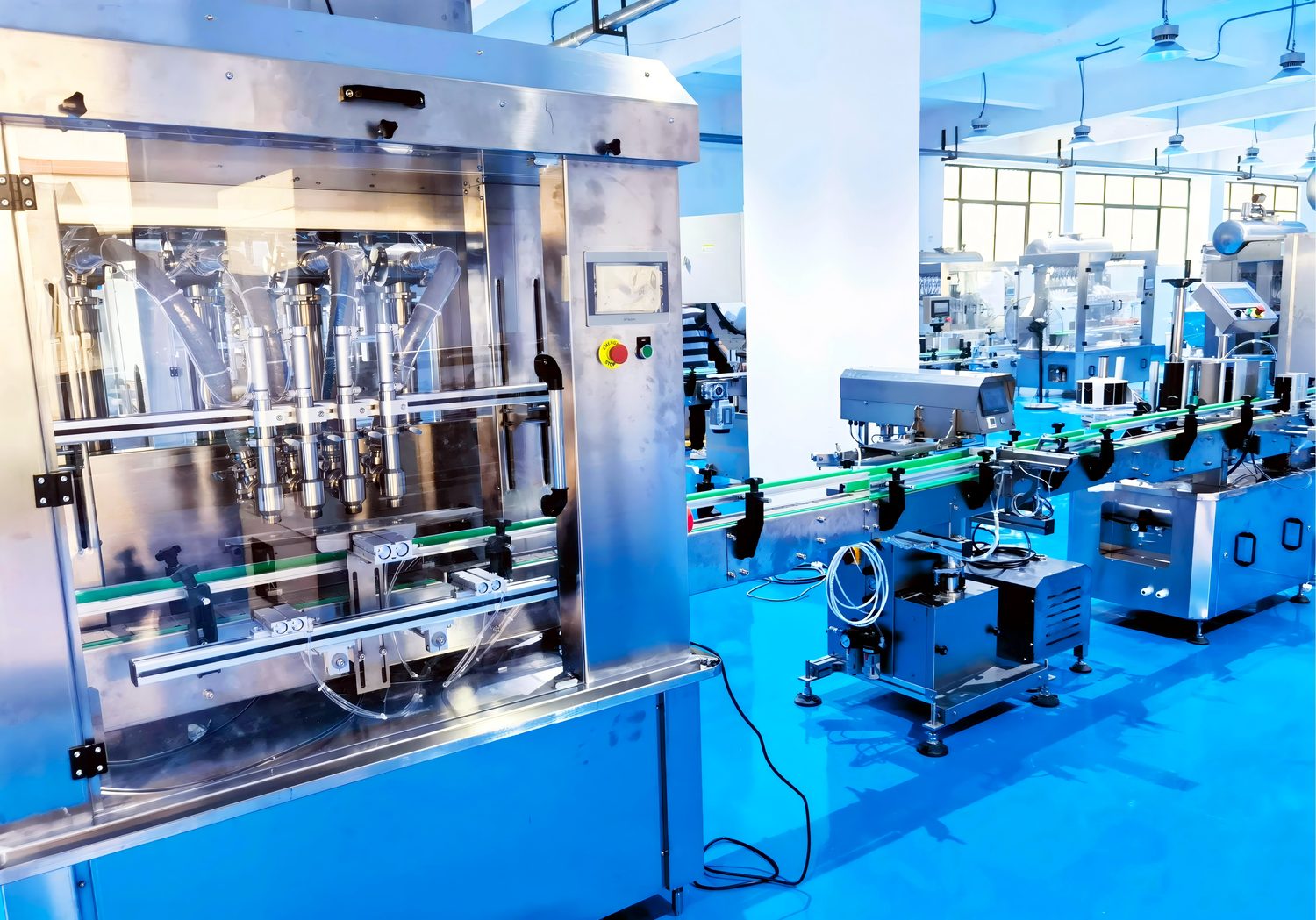 Clear guard panels on a bottling and filling line