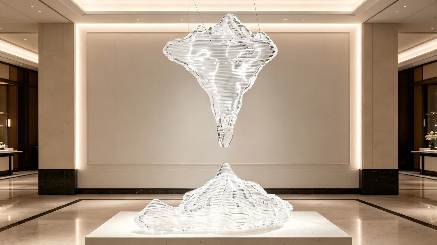 Custom clear acrylic sculpture in a hotel lobby
