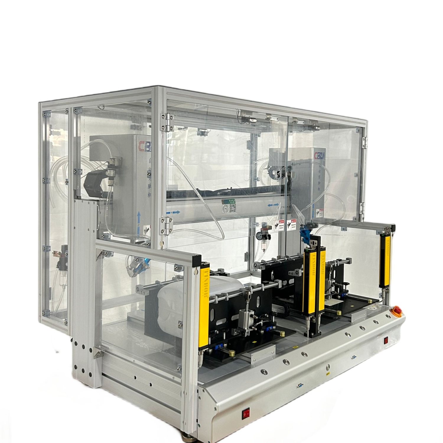 Machine enclosure built from clear acrylic panels and aluminium profile