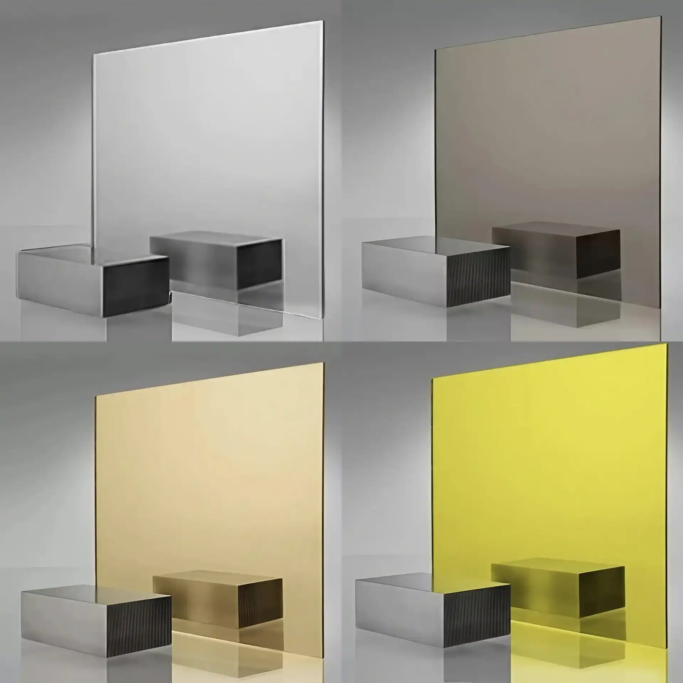Acrylic mirror sheet samples in silver, bronze, gold and yellow finishes