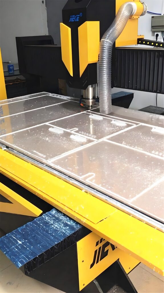 CNC router cutting a large clear acrylic sheet on a flatbed