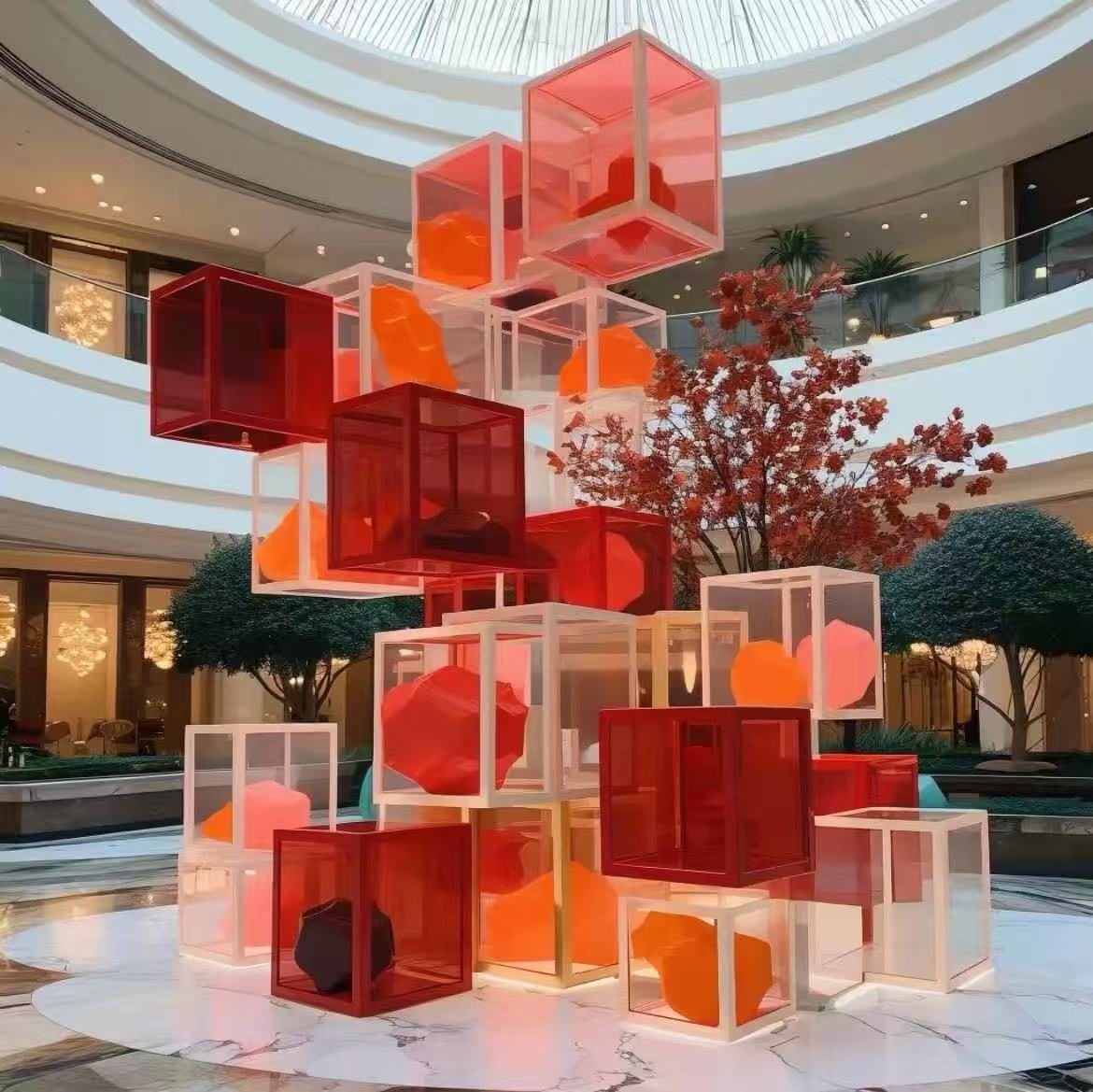 Colored transparent acrylic cube art installation in a mall