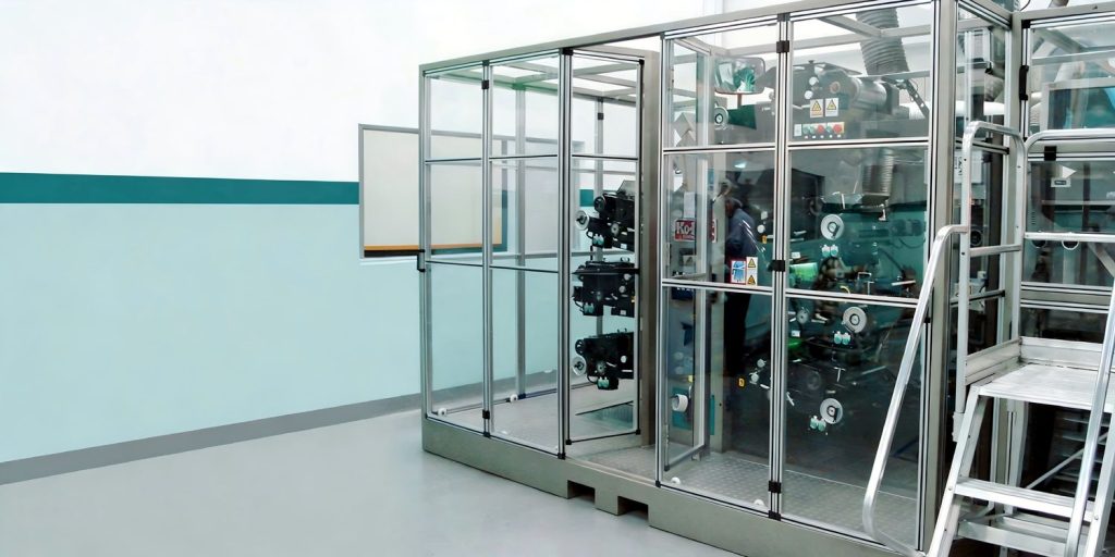 Aluminium-framed acrylic machine guard cages on production equipment