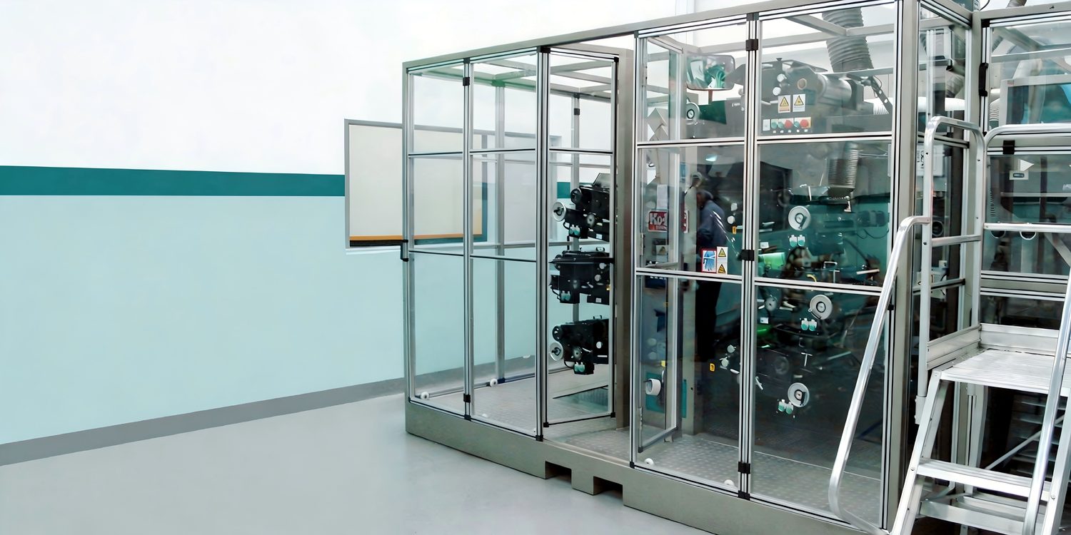 Aluminium-framed acrylic machine guard cages on production equipment