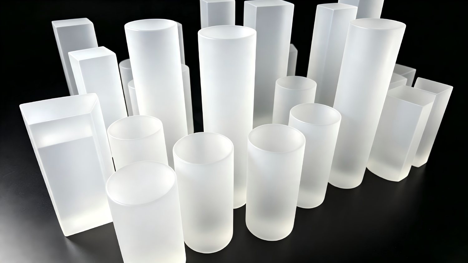 Frosted and machined acrylic cylinders in graduated sizes