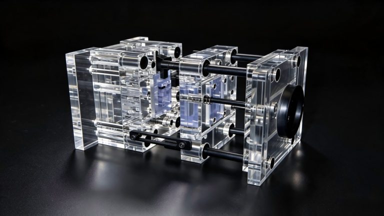 Machined clear acrylic flow block ready for quoting