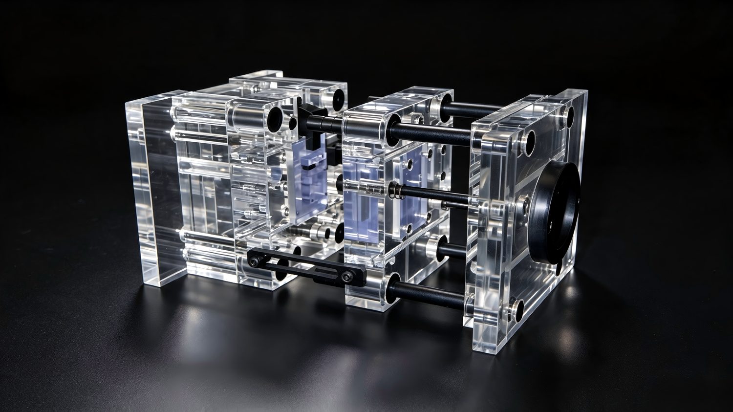 Machined clear acrylic flow block ready for quoting
