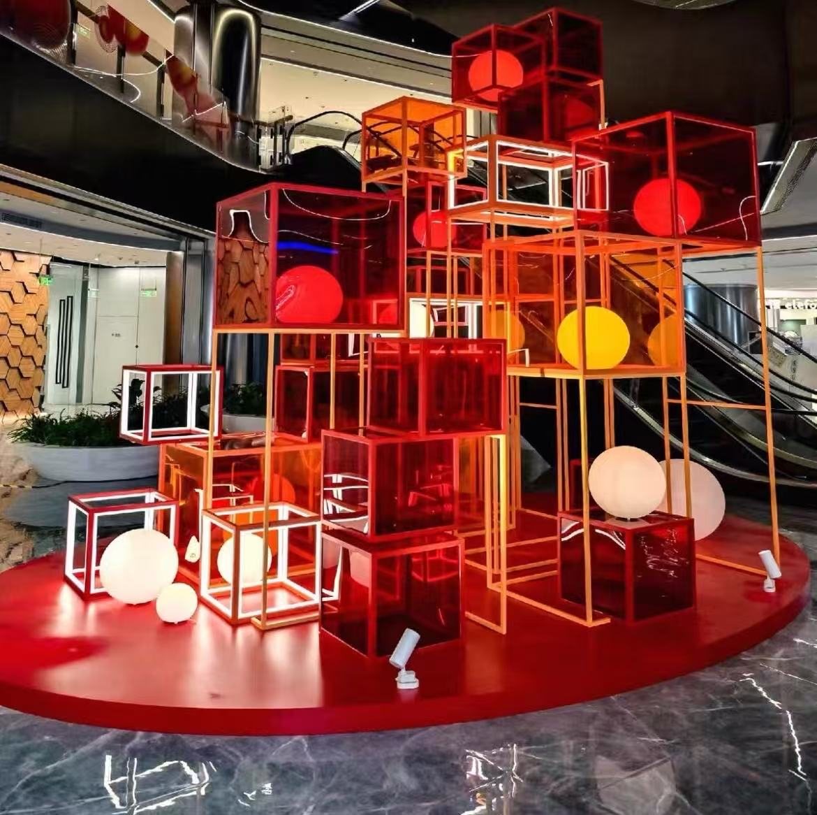Red and orange acrylic cube light installation