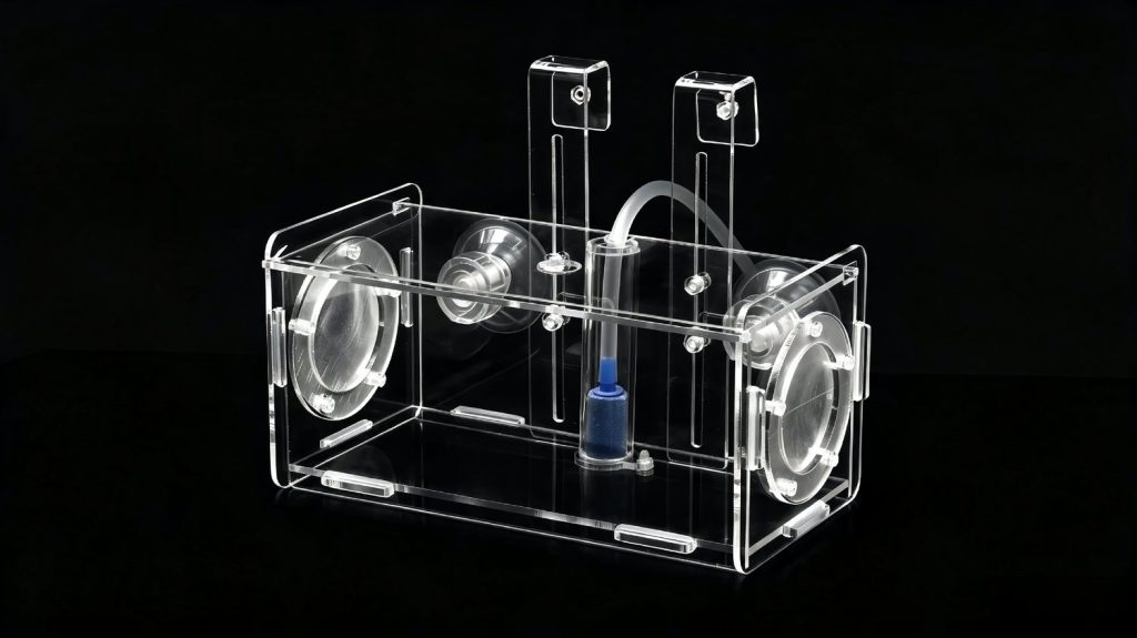 Solvent-bonded clear acrylic chamber with fittings
