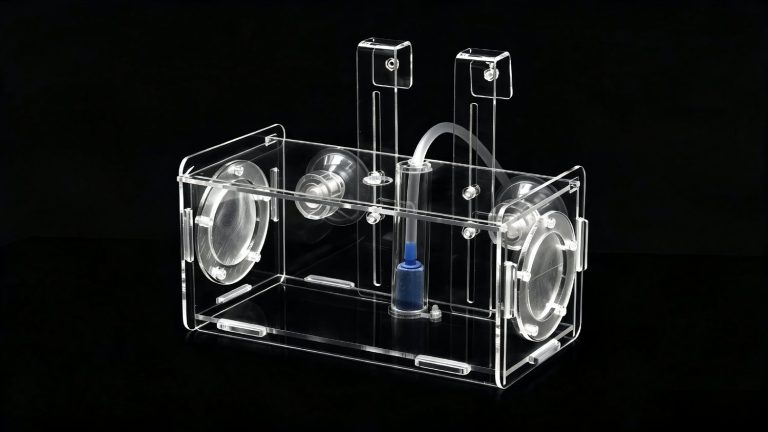 Solvent-bonded clear acrylic chamber with fittings