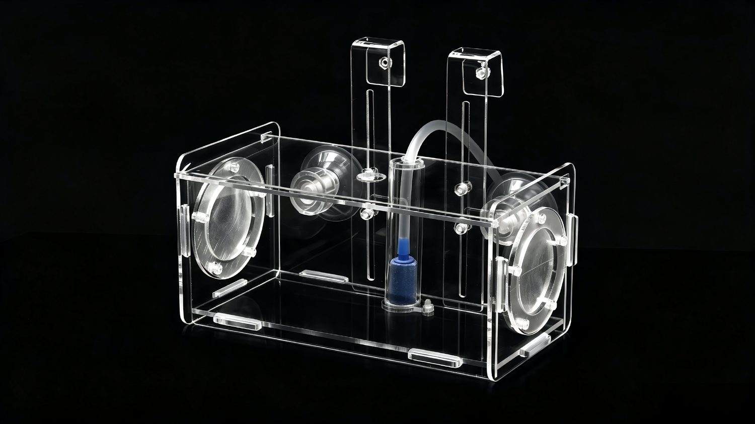Solvent-bonded clear acrylic chamber with fittings